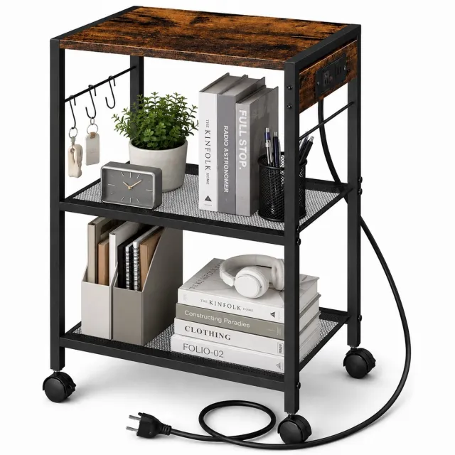 BOTC Bijzettafel met Oplaadstation - Verrijdbare Side Table met 3 Niveaus - 1 Stopcontact & 2 USB-Poorten - 42 x 28 x 64 cm - Rustiek Bruin