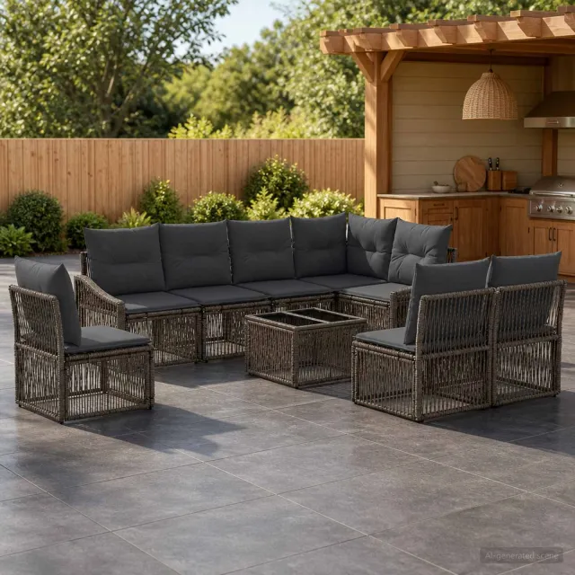 vidaXL Tuinbankenset 9 st 8-zits Grijs poly rattan, foto 2