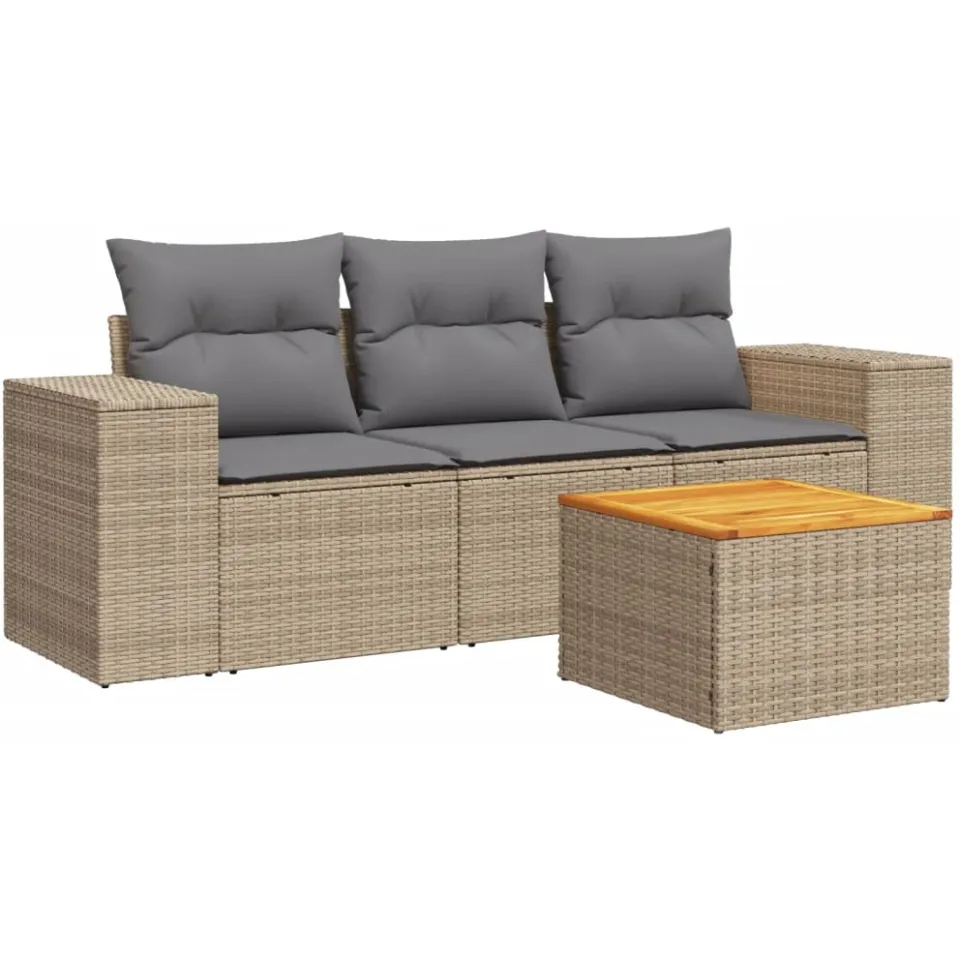 vidaXL 4-delige Loungeset met kussens poly rattan beige, foto 3