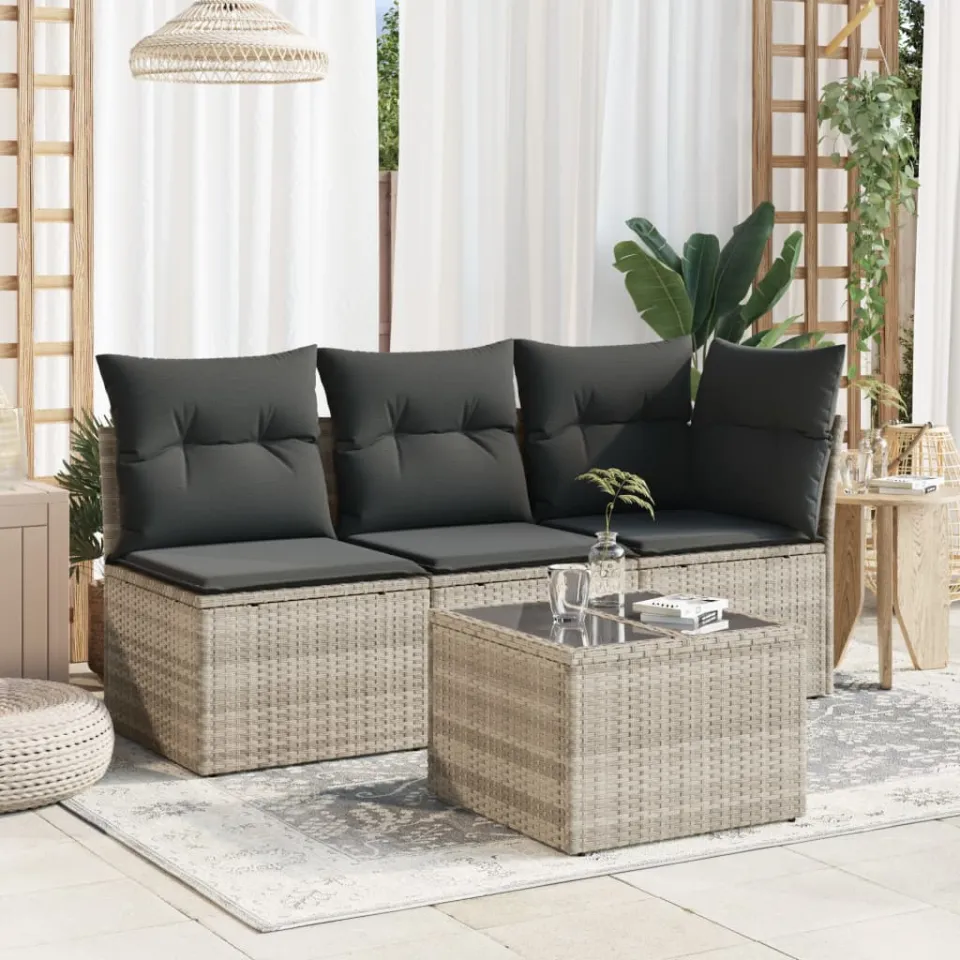 vidaXL Tuintafel met glazen blad 55x55x37 cm poly rattan lichtgrijs grijs, foto 2