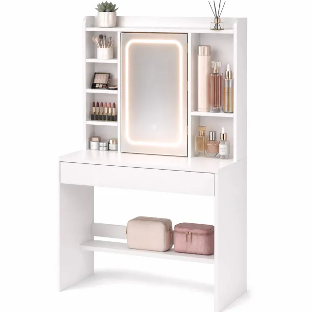 Monza Home Make Up Tafel – Kaptafel met Spiegel en Verlichting – XL LED Spiegel 62 cm – Verborgen Sieradenkast – 3 Lichtkleuren Dimbaar – 86 cm Lade & 6 Vakken – 145 x 90 x 40 cm – Voor Slaapkamer & Kleedkamer – Wit – Monza Home