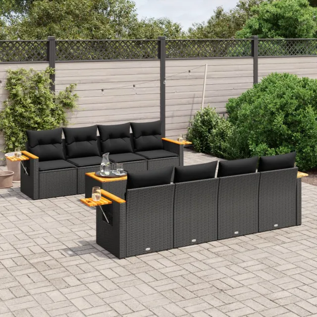 vidaXL 9-delige Loungeset met kussens poly rattan zwart, foto 2