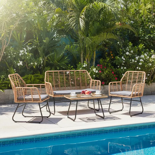 EGGREE Tuinset voor 4 personen - rotan fauteuil - tuintafel en -stoelen - inclusief 2-zitsbank + 2 fauteuils + 1 tuintafel -afneembare kussens bamboe-kleur