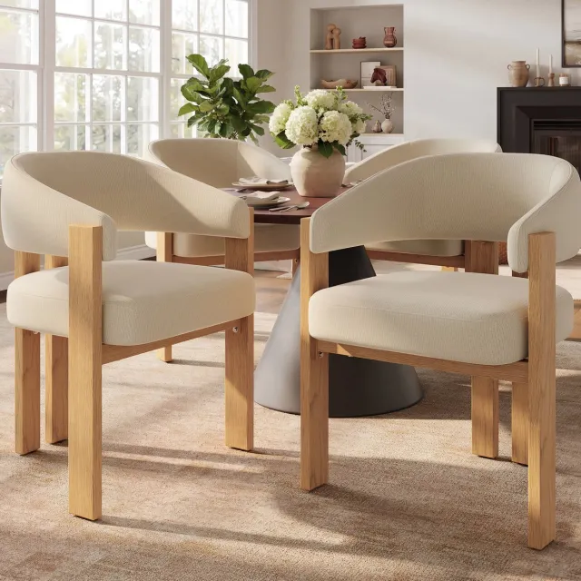 MEUNIQ Eetkamerstoelen set van 4 met armleuningen – ergonomische stoffen zitting, metalen poten met houtlook, 49 x 47 x 78 cm, beige naturel