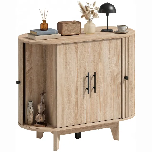Lunpog Woonkamerdressoir - Ovale opbergkast - Vier deuren met verstelbare planken - 90 x 40 x 76 cm - Eikenhout