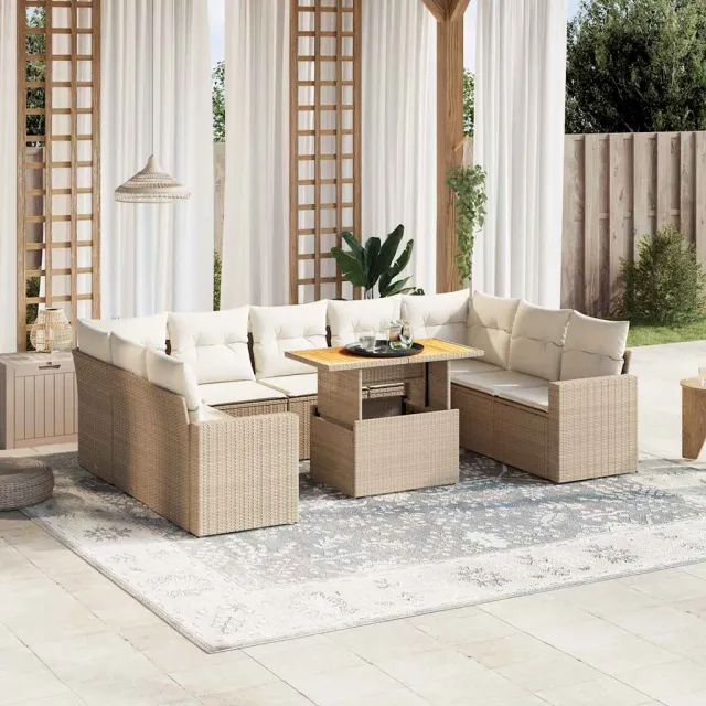 vidaXL 10-delige Loungeset met kussens poly rattan beige, foto 2