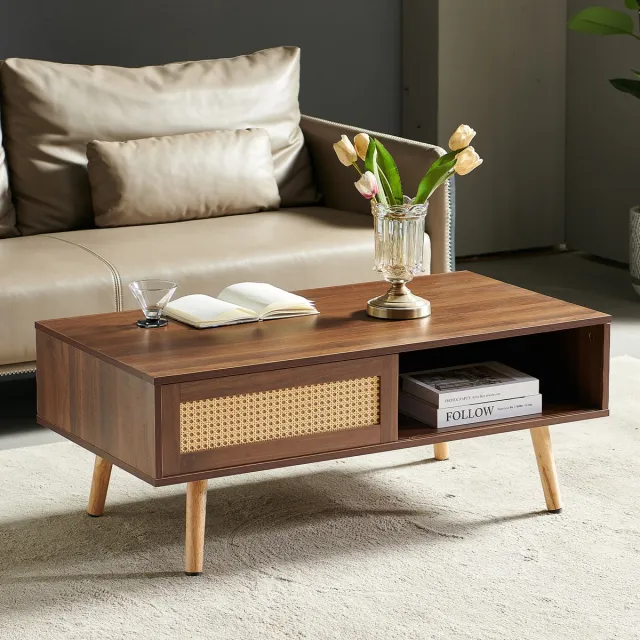 HAUSS SPOLE Salontafel - Rattan Schuifdeur En Opbergruimte - Modern Voor Woonkamer En Slaapkamer - MDF - Bruin - 105x55x40 Cm