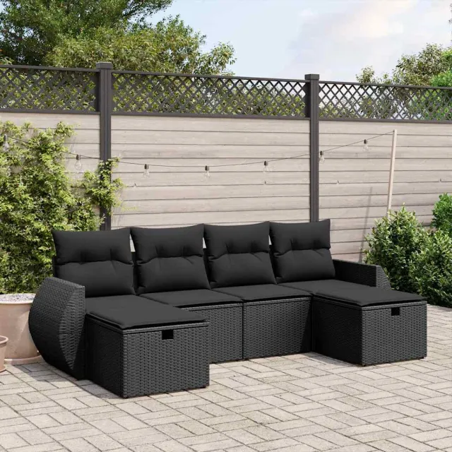vidaXL 6-delige Loungeset met kussens poly rattan zwart, foto 2