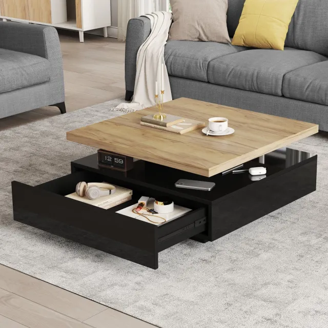 DESMIU Salontafel - 360 Graden Draaibaar Bovenblad Met Verborgen Lade - Modern Voor Woonkamer En Lounge - Spaanplaat - Walnoot Zwart - 70x70x36 Cm Walnut