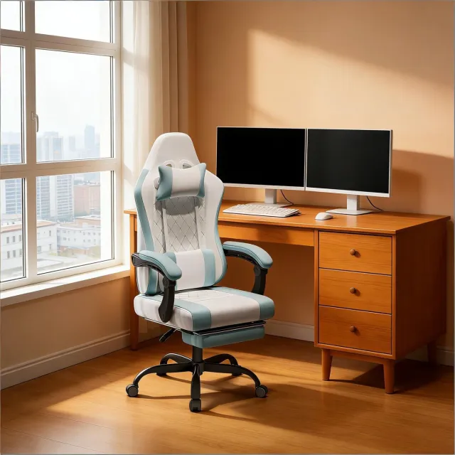 DESMIU Gamingstoel 70 x 70 x 127 Cm - Ergonomisch Met Massage Lendenkussen En Kantelbare Rugleuning - Voor Kantoor En Gamen - Mesh Blauw Wit