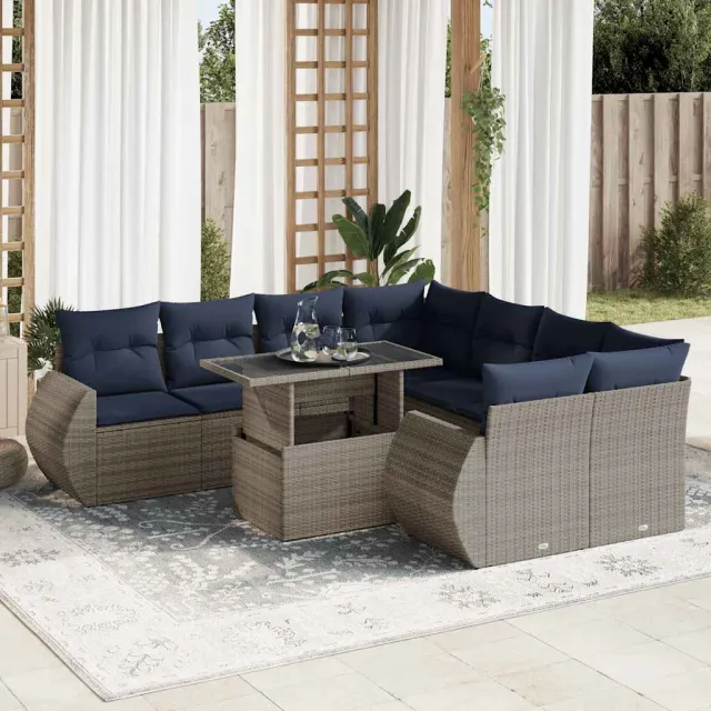 vidaXL 9-delige Loungeset met kussens poly rattan acacia grijs, foto 2