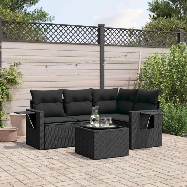 vidaXL 5-delige Loungeset met kussens poly rattan zwart, foto 2