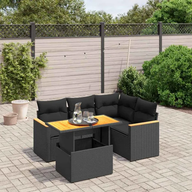 vidaXL 5-delige Loungeset met kussens poly rattan zwart, foto 2