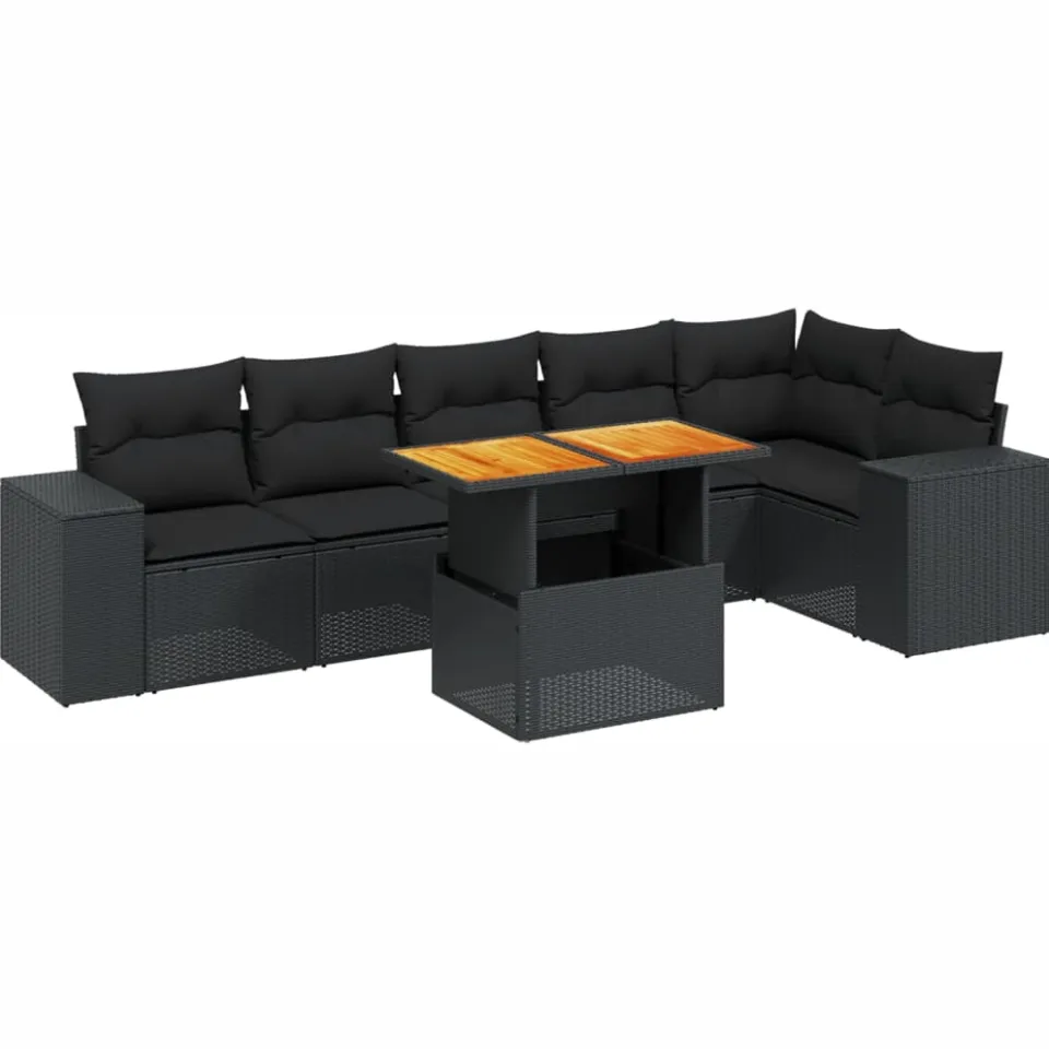 vidaXL 7-delige Loungeset met kussens poly rattan zwart