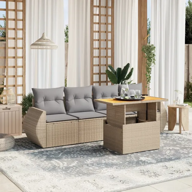 vidaXL 5-delige Loungeset met kussens poly rattan beige, foto 2
