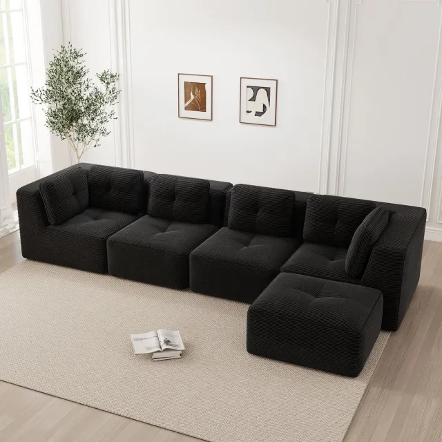 MIVRAY Hoekbank Modulair - 4-Zits Met Diepe Zitting En Zachte Kussens - Voor Woonkamer - Corduroy Zwart