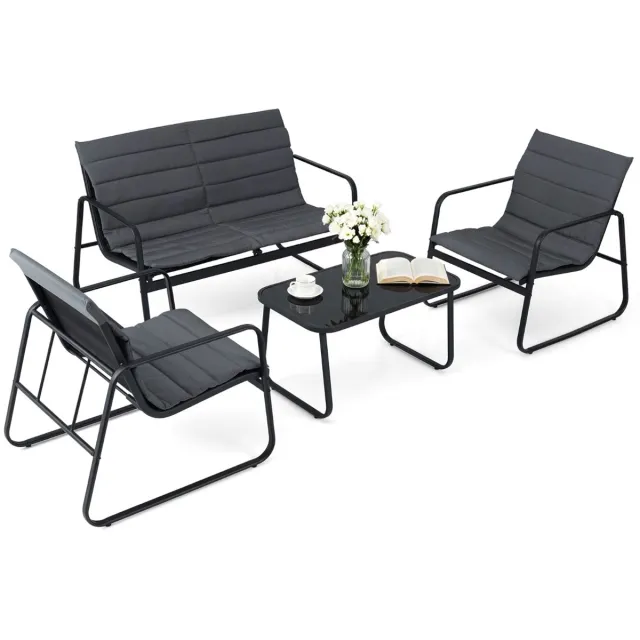 Suredeal Tuinset - Delige Tuinmeubelset - Kussens - Salontafel Gehard Glas - 75x44x41 cm - Grijs