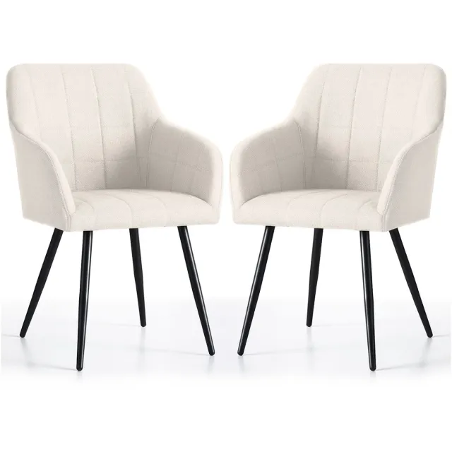 Akord Set van 2 Eetkamerstoelen LUXANO met Armleuningen / Gestoffeerde Stoelen en Metalen Poten / Lumos-stof / Crème kleur met zwarte benen