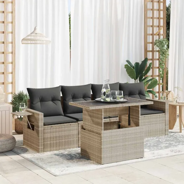 vidaXL 5-delige Loungeset met kussens poly rattan lichtgrijs grijs, foto 2