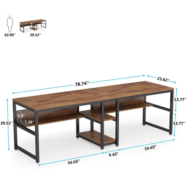 Corenia Bureau – Bureautafel – Werkplek – Computertafel – Dubbel Bureau – Ruime Werkplek 200x60 cm – Met Verborgen Boekenplank – Stevig Metalen Frame – Krasbestendig Blad – Bruin Hetzelfde als afbeelding