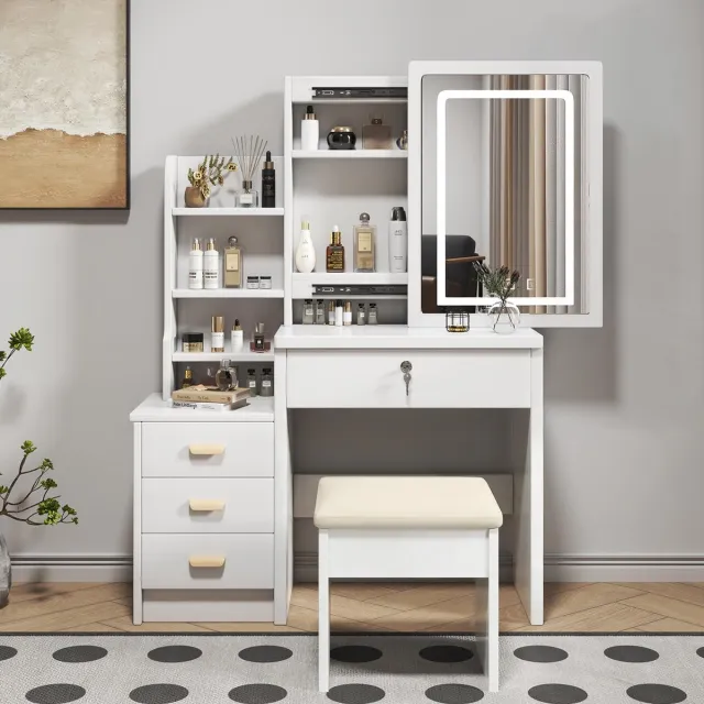 DESMIU Kaptafel - Verlichte Make-uptafel Met Spiegel En Opbergruimte - Voor Slaapkamer En Kleedhoek - MDF - Wit - B85 X H130 X D36 Cm