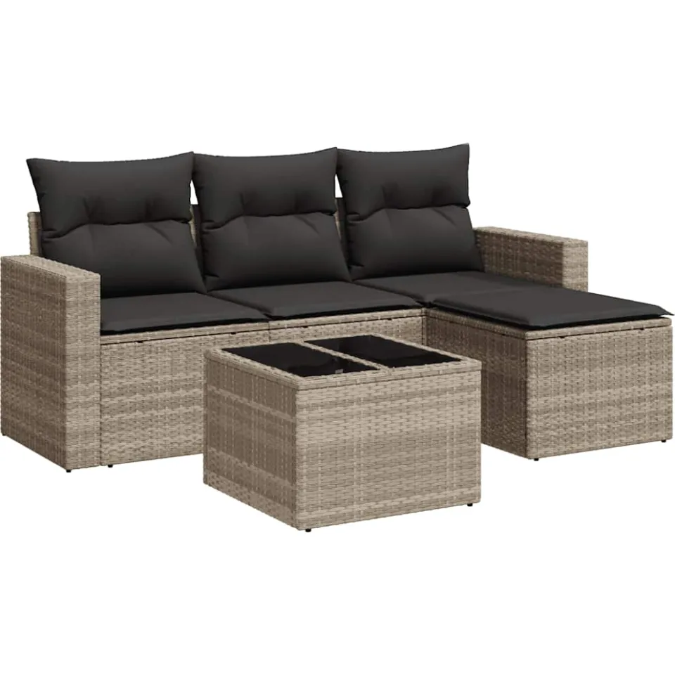 vidaXL 5-delige Loungeset met kussens poly rattan lichtgrijs grijs