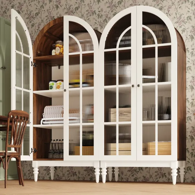 FloraGrace Vitrinekast – Bogenkast Met Dubbele Deuren En Drie Planken – Voor Woonkamer En Eetkamer – MDF En Metaal – Wit – 76x38,5x165 Cm Wit, notenhout