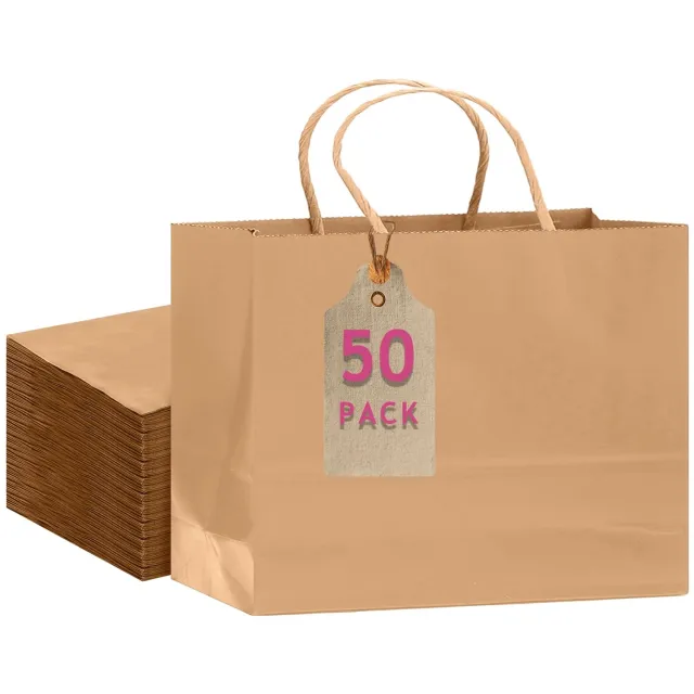 Famanu Bruine papieren cadeauzakjes met handvatten set van 50 stuks, 30 x 10 x 25 cm, feestzakjes perfect voor het verpakken van geschenken voor diverse toepassingen en gelegenheden zoals verjaardagen en feesten Roze