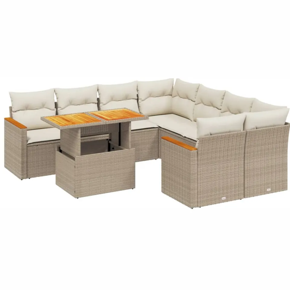 vidaXL 9-delige Loungeset met kussens poly rattan beige, foto 3