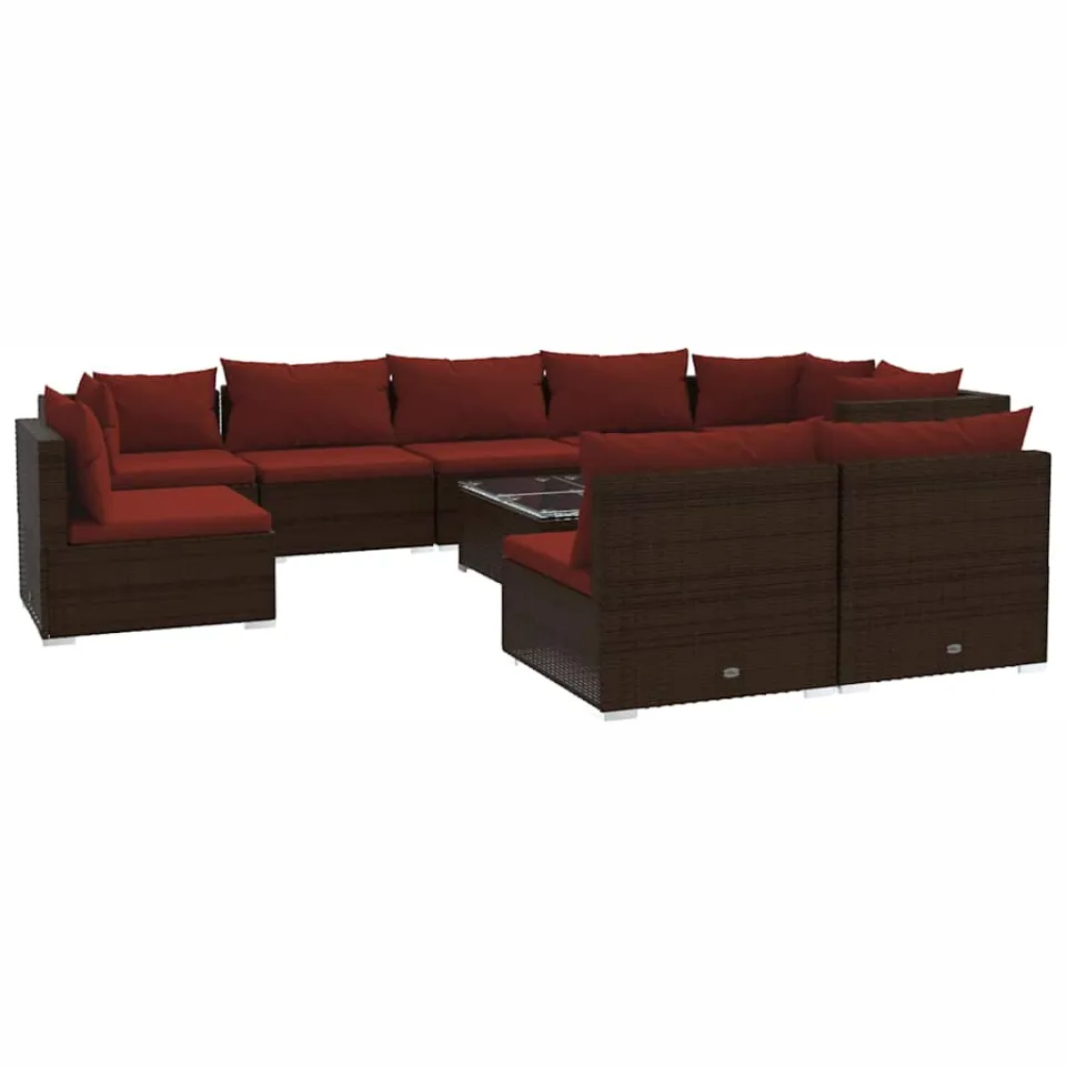 vidaXL 10-delige Loungeset met kussens poly rattan bruin