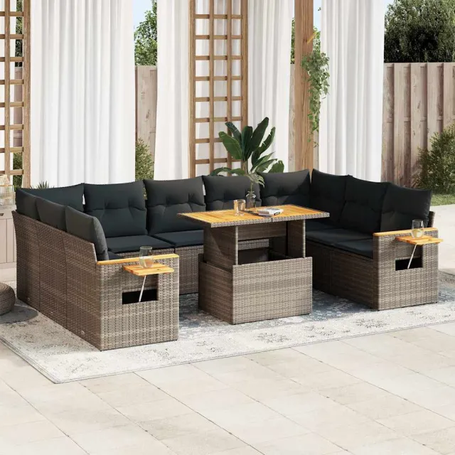 vidaXL 10-delige Loungeset met kussens poly rattan acacia grijs, foto 2