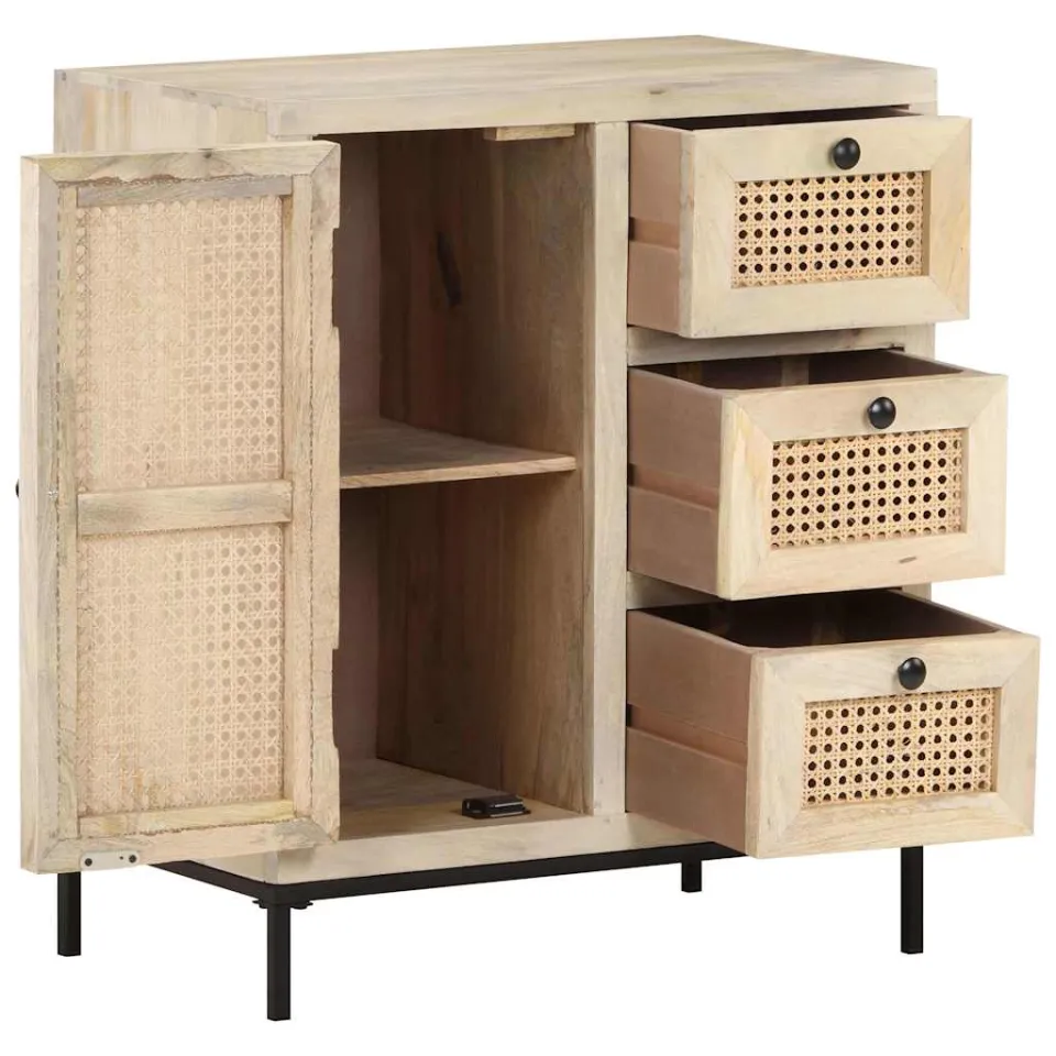 vidaXL Dressoir 60x35x70 cm massief mangohout en natuurlijk riet bruin, foto 3