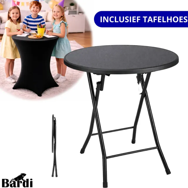 Bardi Statafel Kinderen - Bijzettafel - Inclusief Statafelhoes - Statafelrok - Inklapbaar & Stevige Partytafel - Voor binnen en buiten - 60 x 74cm - Zwart