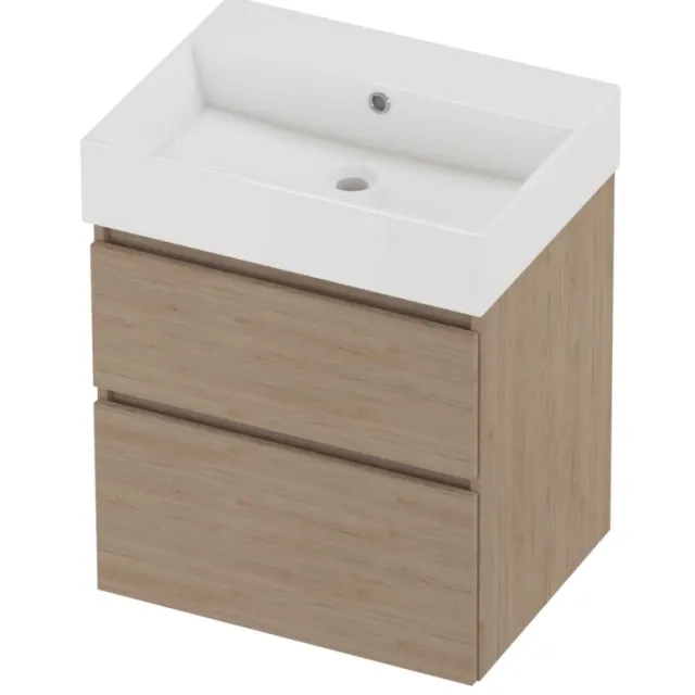 Proline Zara Badmeubelset Porselein Loft Zonder Kraangat 60x46x73 cm Glans Wit Ideal Oak Eiken