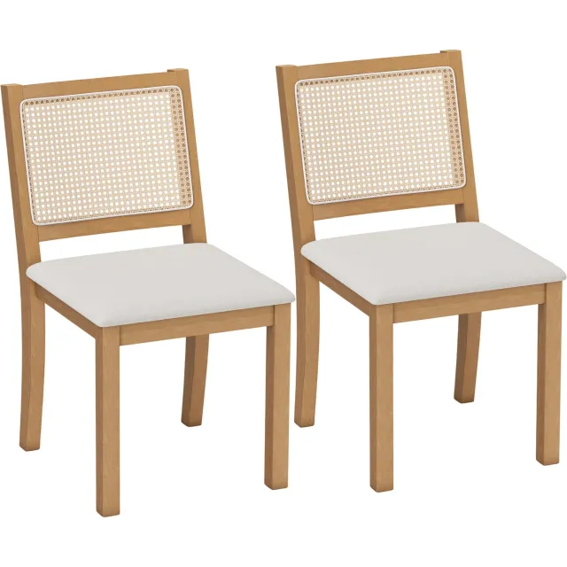 Lunpog Eetkamerstoelen rotan, set van 2, keukenstoelen hout, wit | Woonkamerstoel met houten poten en rugleuning, gestoffeerde stoel van linnen, eetkamerstoelen voor woonkamer Crème