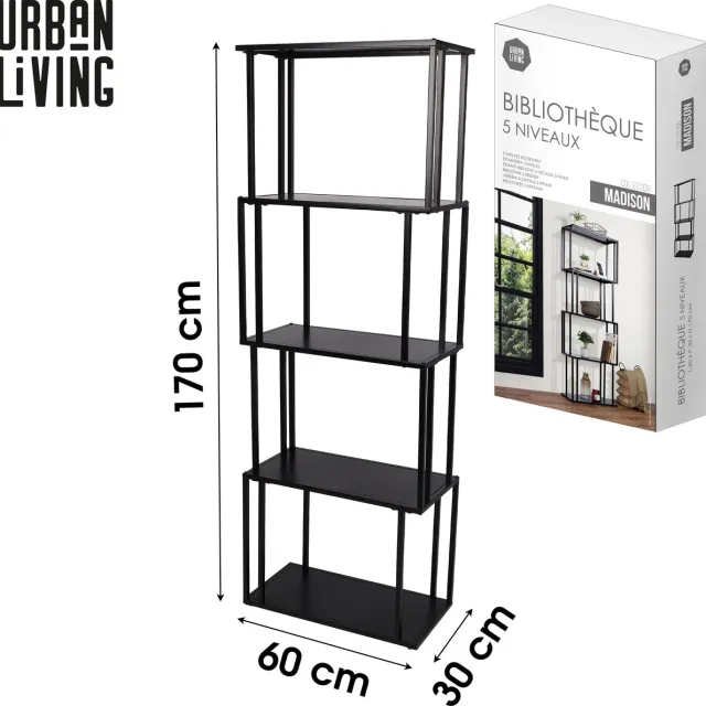 Urban Living "MADISON" Boekenkast met 5 niveaus en zwart metalen frame 60 x 30 x H170 cm