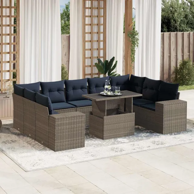 vidaXL 10-delige tuinbankset met kussens, grijs polyrotan, foto 2