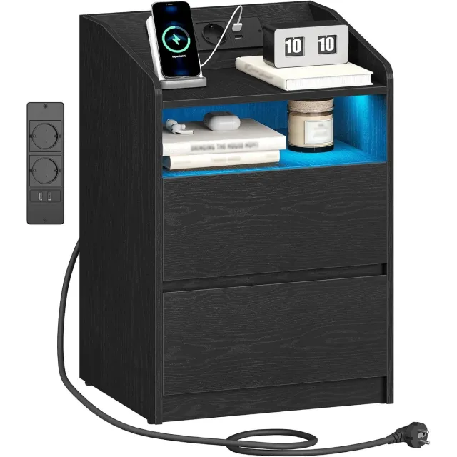 HILINSIE Nachtkastje, bijzettafel met 2 laden, 2 AC-stopcontacten, 2 USB-A-poorten, ledverlichting, open vak, modern, slaapkamer, woonkamer, 35 x 40 x 58 cm, zwart