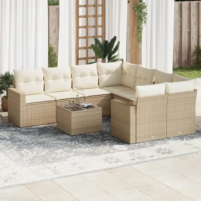 vidaXL 9-delige Loungeset met kussens poly rattan beige, foto 2