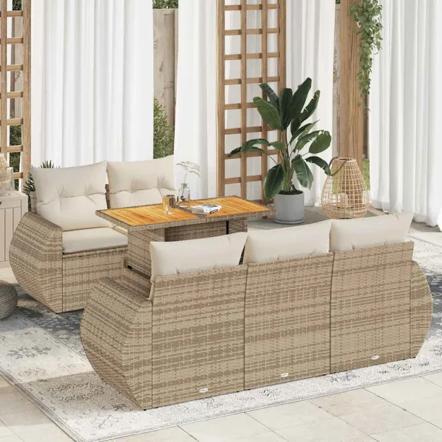 vidaXL 6-delige Loungeset met kussens poly rattan beige, foto 2