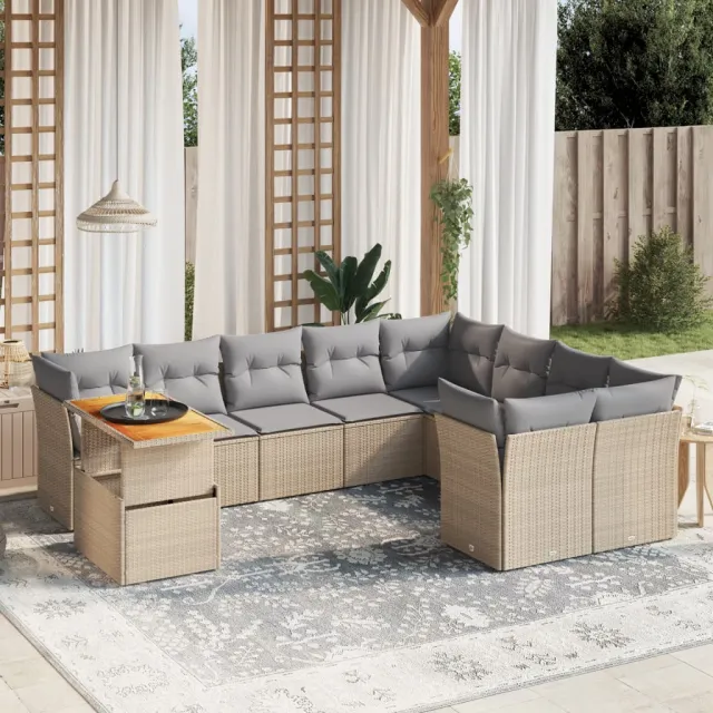 vidaXL 10-delige Loungeset met kussens poly rattan beige, foto 2