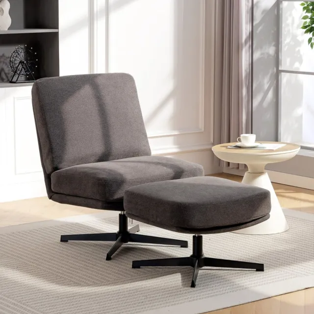 REDOM Draaibare Loungefauteuil Met Voetenbank - Brede Zitting - 360 Graden Draaibaar - Voor Woonkamer - Stof Met Linnenlook - Donkergrijs