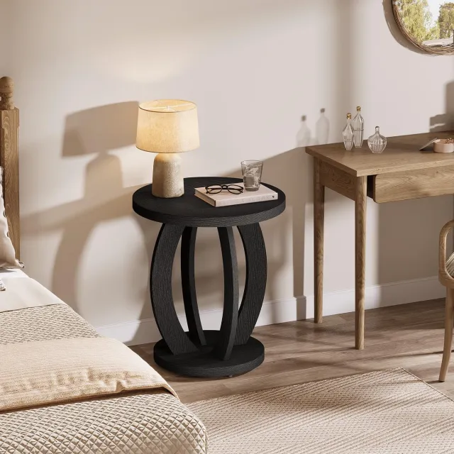Little Trees LITTLE TREE Rond Nachtkastje Zijkanttafel - Met opbergruimte - Boerderijstijl met houten onderstel - Eenvoudig te monteren - voor slaapkamer - Zwart
