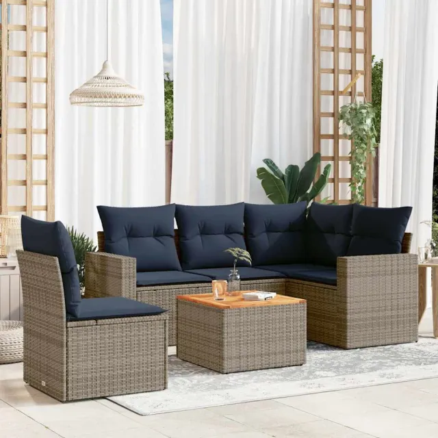vidaXL 6-delige Loungeset met kussens poly rattan grijs, foto 2