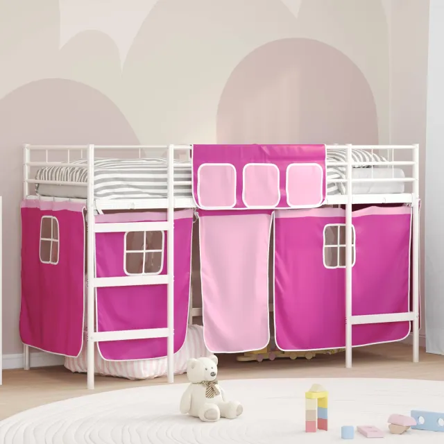vidaXL Bunkbed voor kinderen met gordijnen Wit en Roze 100 x 190 cm