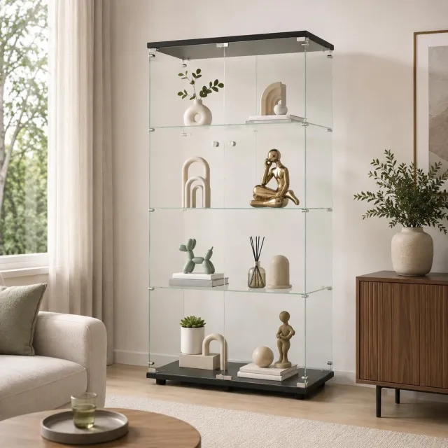 ROSAHQNDA Glazen vitrinekast, 4 niveaus, dubbele deur, moderne vitrinekast met deur en slot, staande kast voor verzamelobjecten, boeken en wijn (zwart, 4 niveaus)