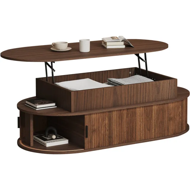 REDOM Ovale salontafel 100x50x40 cm - Verstelbaar blad tot 55 cm en opbergruimte - Walnoot Walnootkleur