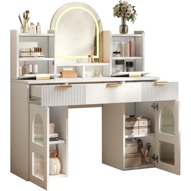 Ropilly Kaptafel Met Spiegel - Make-uptafel Met Ledverlichting En Drie Laden - Glazen Deuren En Open Vakken - Witte Slaapkamerkast Van MDF En Spaanplaat White