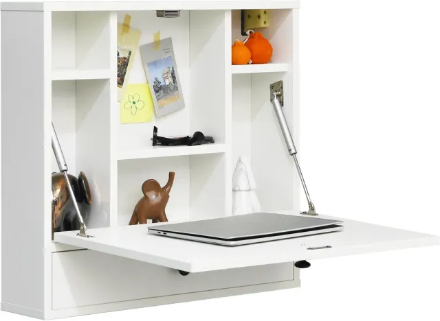 Costway Wandklaptafel, wandtafel met opbergvakken en lade, klaptafel, inklapbare computertafel, bureau voor kleine ruimtes en thuiskantoor (wit)