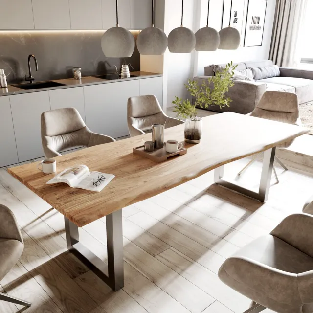 DELIFE Massief houten tafel Live-Edge acacia natuur 260x100 boven 3,5cm breed boomtafel Bruin